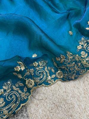 blue color embroidered satin silk blend saree 2