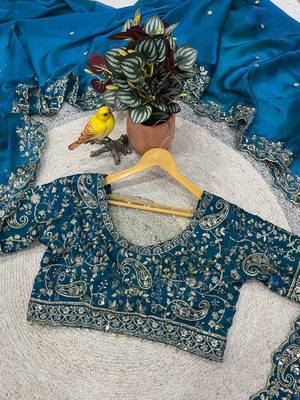 blue color embroidered satin silk blend saree 3