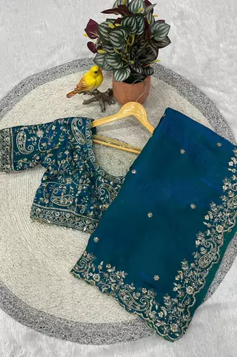 blue color embroidered satin silk blend saree