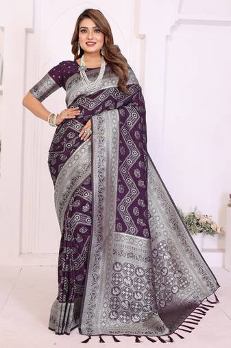 purple color georgette silk blend blend fabric woven laheriya jari designer saree