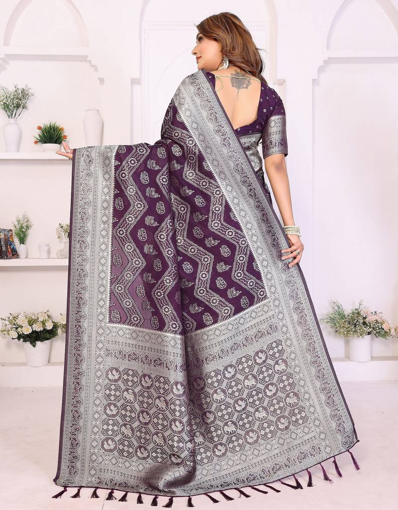 purple color georgette silk blend blend fabric woven laheriya jari designer saree