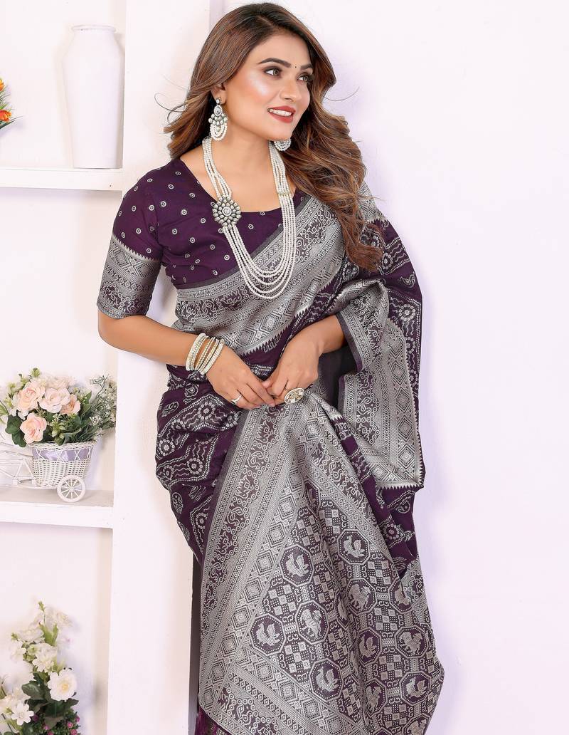 purple color georgette silk blend blend fabric woven laheriya jari designer saree