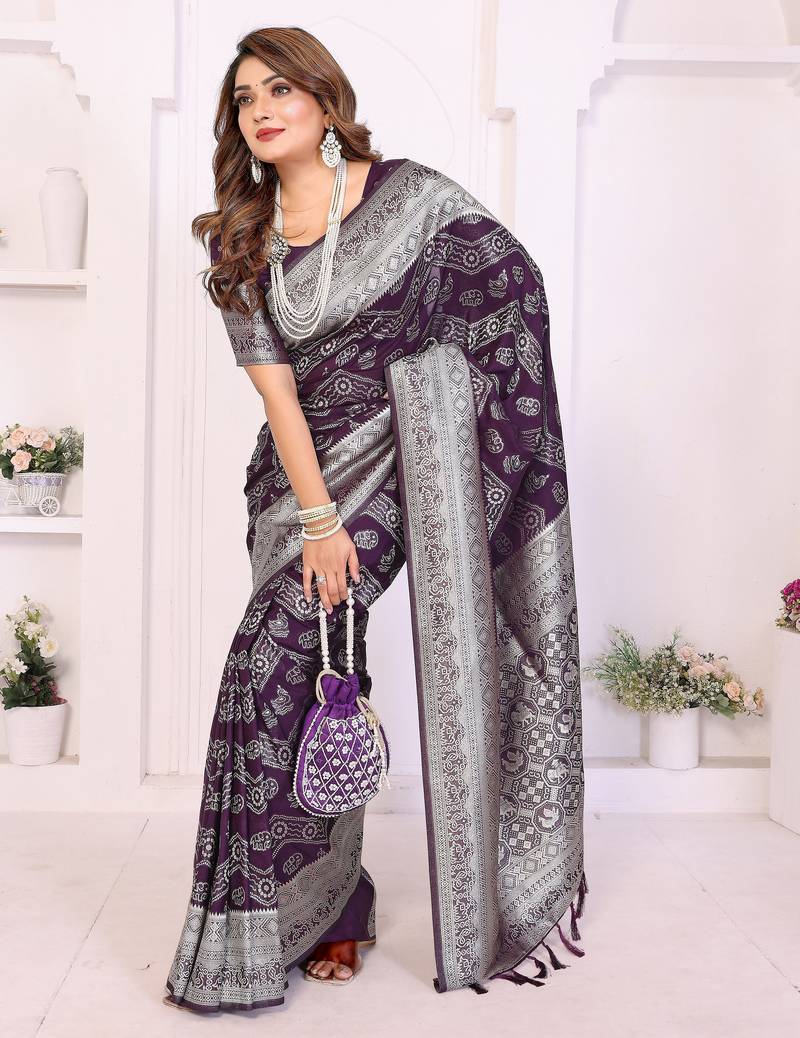 purple color georgette silk blend blend fabric woven laheriya jari designer saree