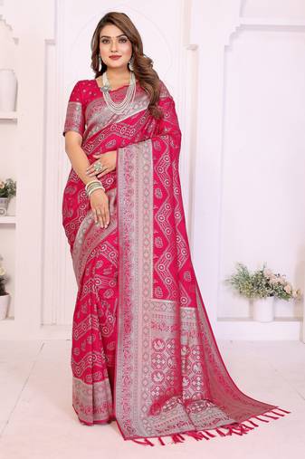 pink color georgette silk blend blend fabric woven laheriya jari designer saree