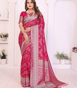 pink color georgette silk blend blend fabric woven laheriya jari designer saree