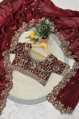 Maroon Color Embroidered Satin Silk Saree