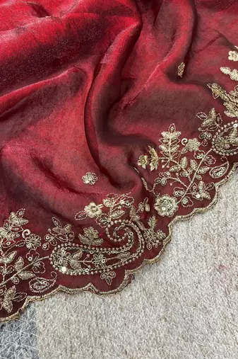 Maroon Color Embroidered Satin Silk Saree