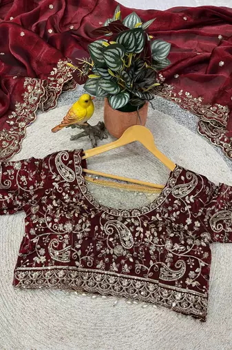 Maroon Color Embroidered Satin Silk Saree
