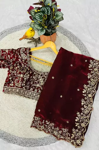Maroon Color Embroidered Satin Silk Saree