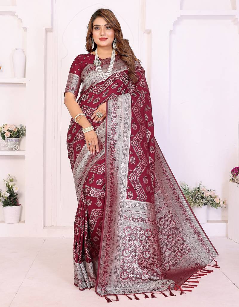 maroon color georgette silk blend blend fabric woven laheriya jari designer saree