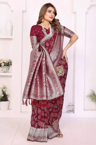 maroon georgette silk blend blend woven laheriya zari saree