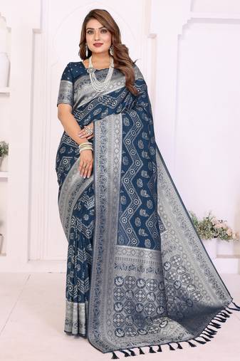 blue color georgette silk blend blend fabric woven laheriya jari designer saree