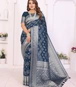 blue color georgette silk blend blend fabric woven laheriya jari designer saree