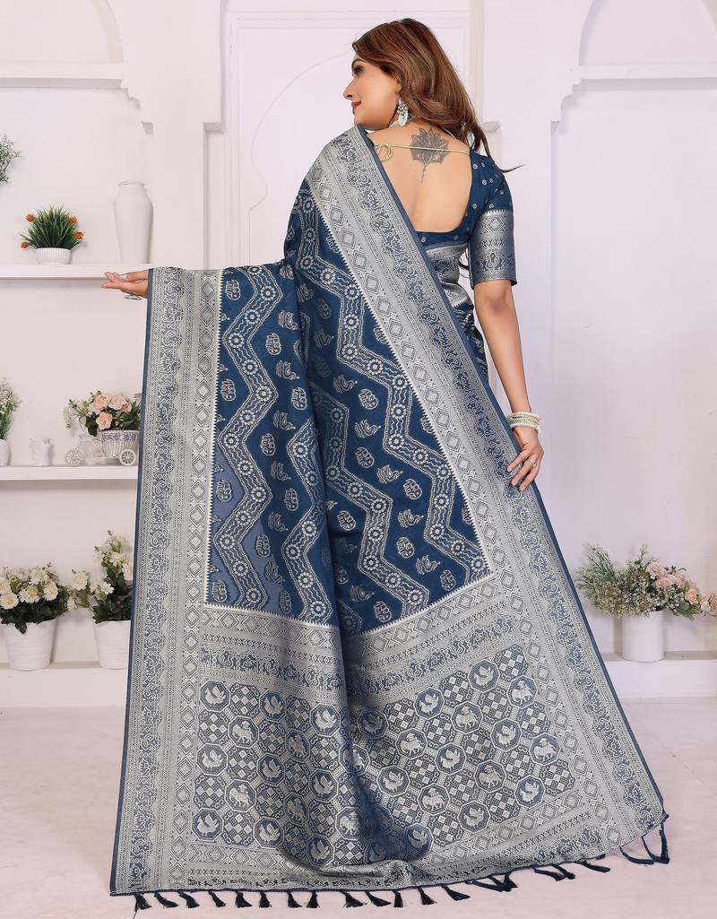 blue color georgette silk blend blend fabric woven laheriya jari designer saree