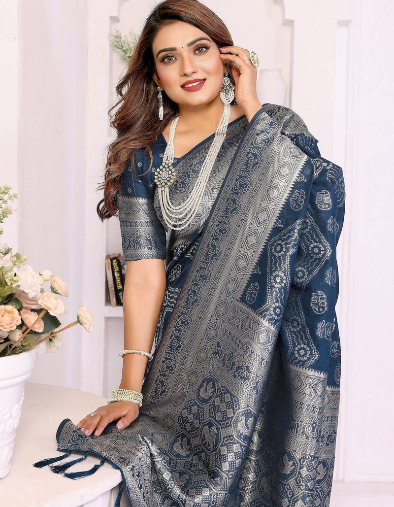blue color georgette silk blend blend fabric woven laheriya jari designer saree