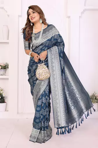 blue georgette silk blend blend woven laheriya zari saree