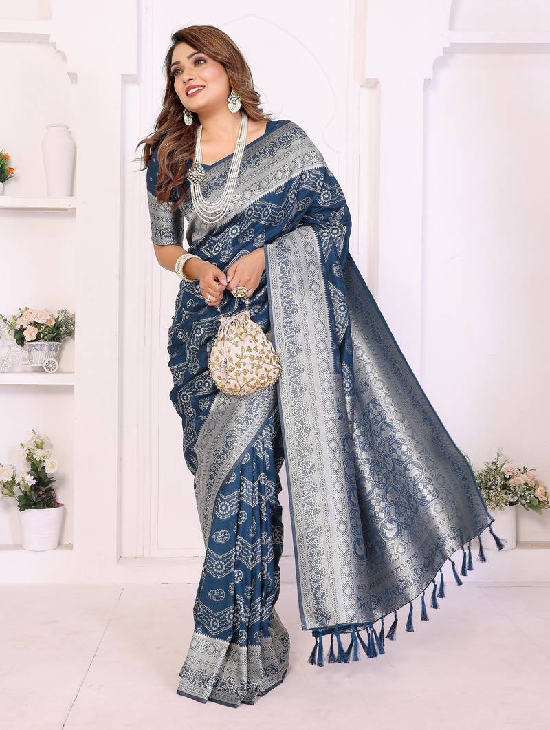 blue color georgette silk blend blend fabric woven laheriya jari designer saree