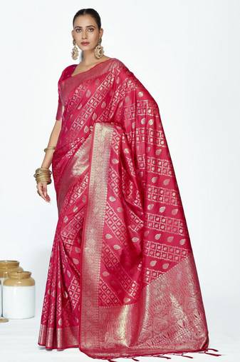 pink color banarasi art silk fabric woven zari designer saree