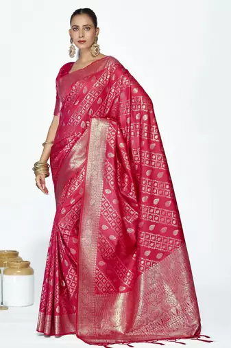 pink color banarasi art silk fabric woven zari designer saree