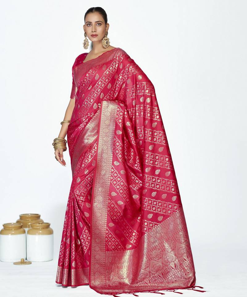 pink color banarasi art silk fabric woven zari designer saree
