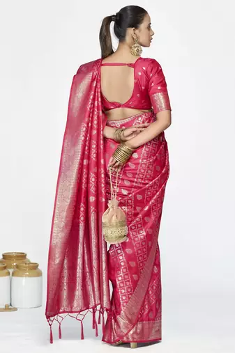pink faux banarasi art silk blend woven zari saree