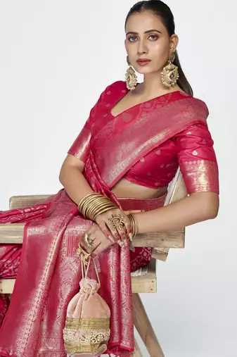 pink faux banarasi art silk blend woven zari saree