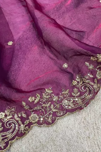 Plum Color Embroidered Satin Silk Saree