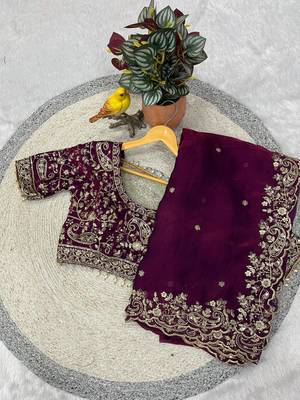 Plum Color Embroidered Satin Silk Saree 4
