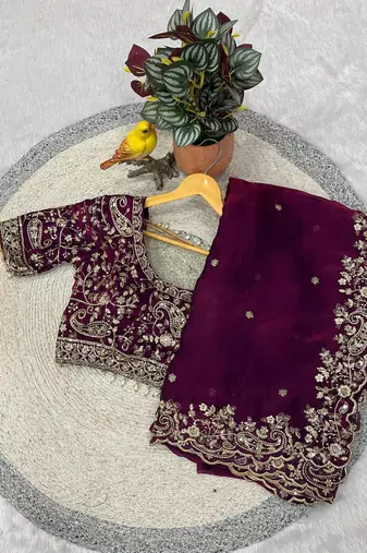Plum Color Embroidered Satin Silk Saree