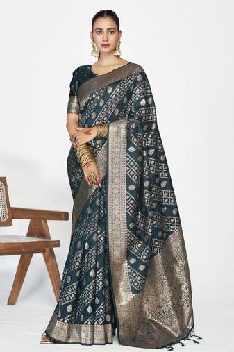 teal blue color banarasi art silk fabric woven zari designer saree