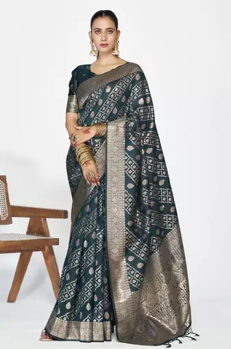 teal blue color banarasi art silk fabric woven zari designer saree