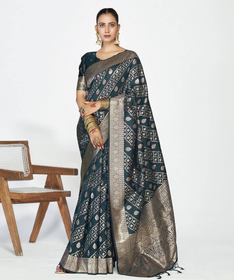 teal blue color banarasi art silk fabric woven zari designer saree