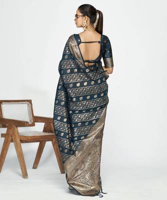 teal blue faux banarasi art silk blend woven zari saree 2