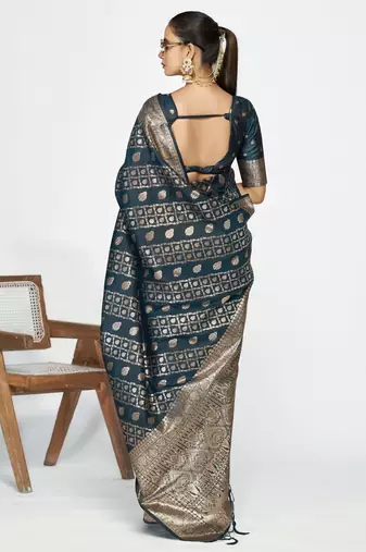 teal blue faux banarasi art silk blend woven zari saree