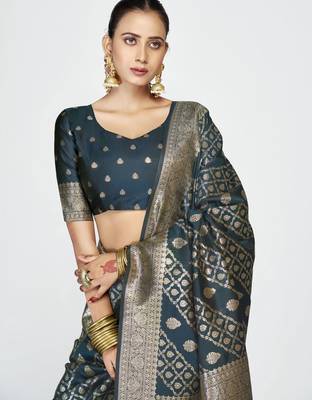 teal blue faux banarasi art silk blend woven zari saree 3