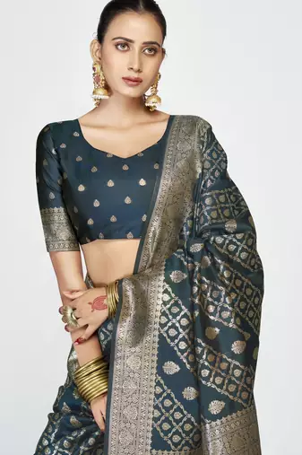 teal blue faux banarasi art silk blend woven zari saree