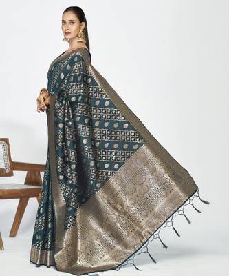 teal blue faux banarasi art silk blend woven zari saree 4