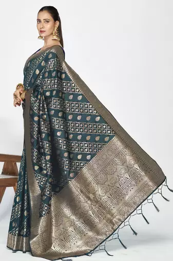 teal blue faux banarasi art silk blend woven zari saree