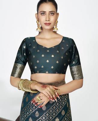 teal blue faux banarasi art silk blend woven zari saree 5
