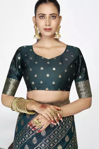 teal blue faux banarasi art silk blend woven zari saree