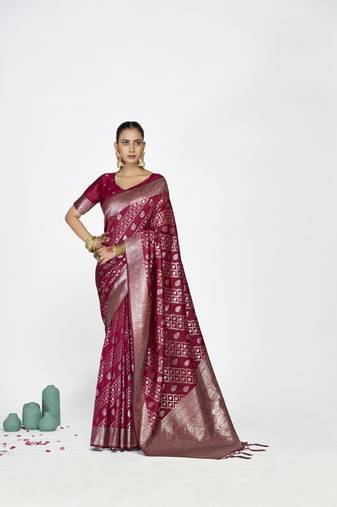 burgundy color banarasi art silk fabric woven zari designer saree
