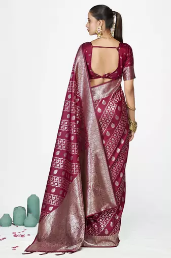 burgundy faux banarasi art silk blend woven zari saree