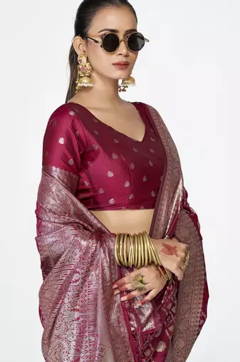 burgundy faux banarasi art silk blend woven zari saree