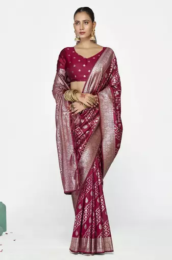 burgundy faux banarasi art silk blend woven zari saree