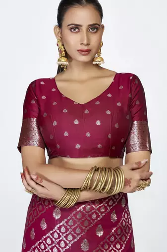 burgundy faux banarasi art silk blend woven zari saree