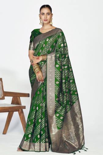 green color banarasi art silk fabric woven zari designer saree