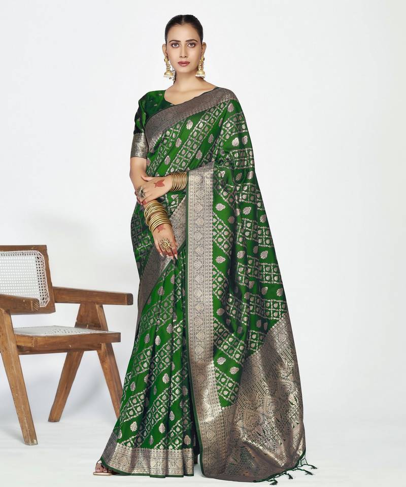 green color banarasi art silk fabric woven zari designer saree