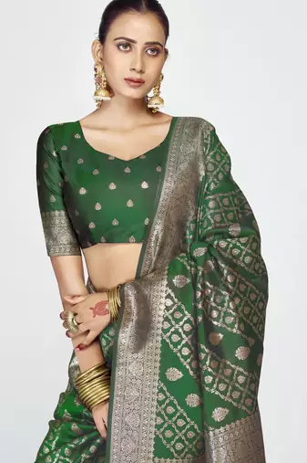 green faux banarasi art silk blend woven zari saree