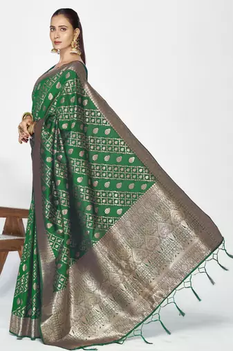 green faux banarasi art silk blend woven zari saree