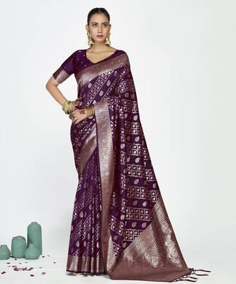 purple faux banarasi art silk blend woven zari saree 1